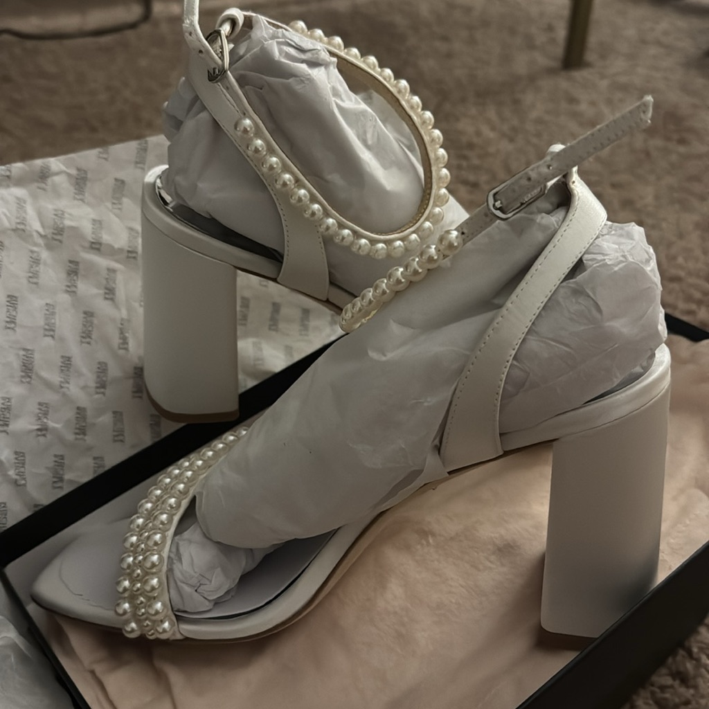 Badgley Mischka White Heels With Pearl Embellishments